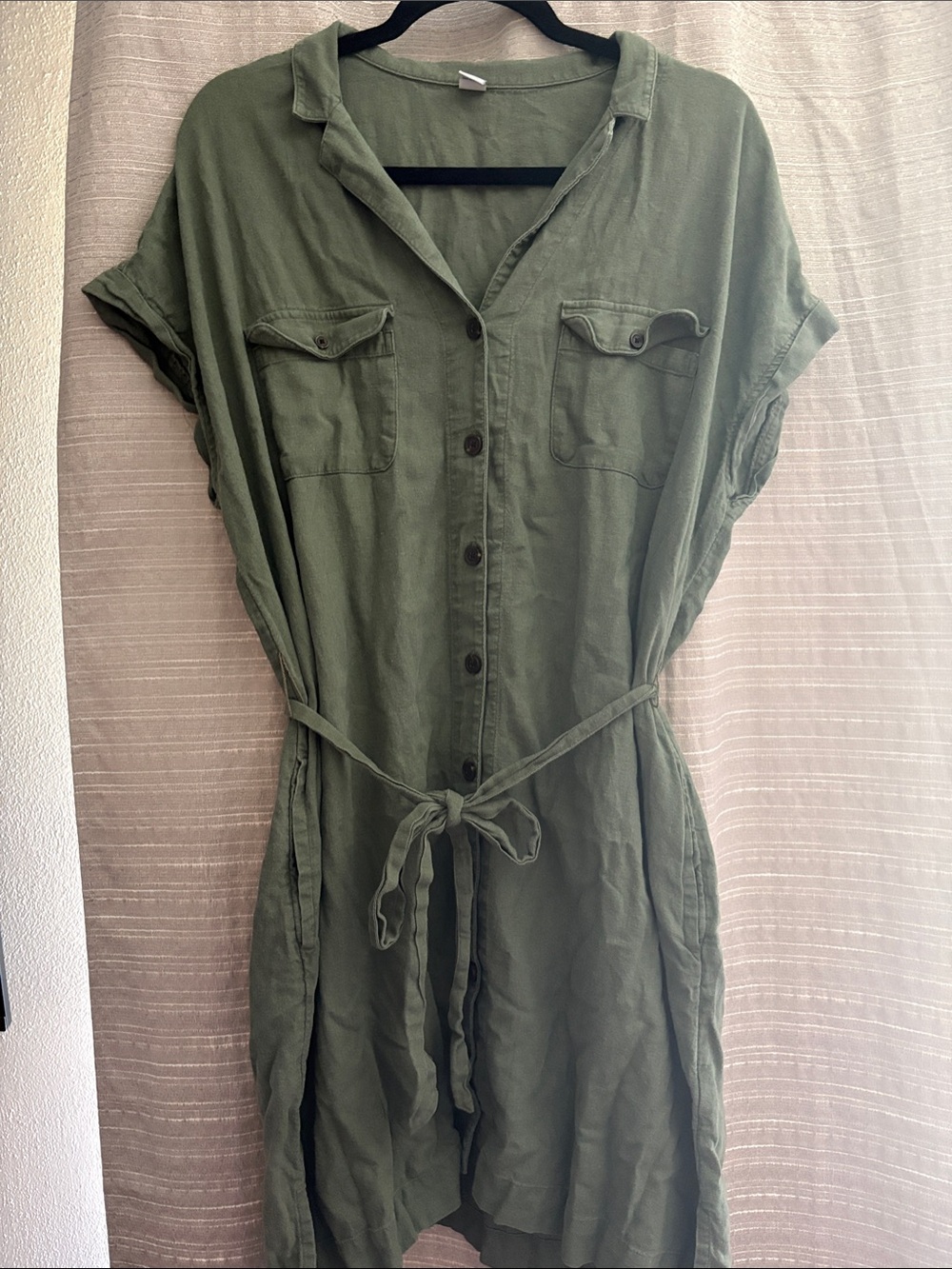 Linen Blend Button Down Dress Tie Waist Belt